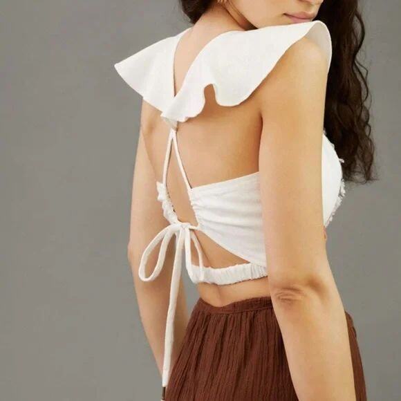 NWT Anthropologie Pilcro Cotton & Linen Multicolor Cropped Ruffle Open Back Tank - Picture 4 of 15